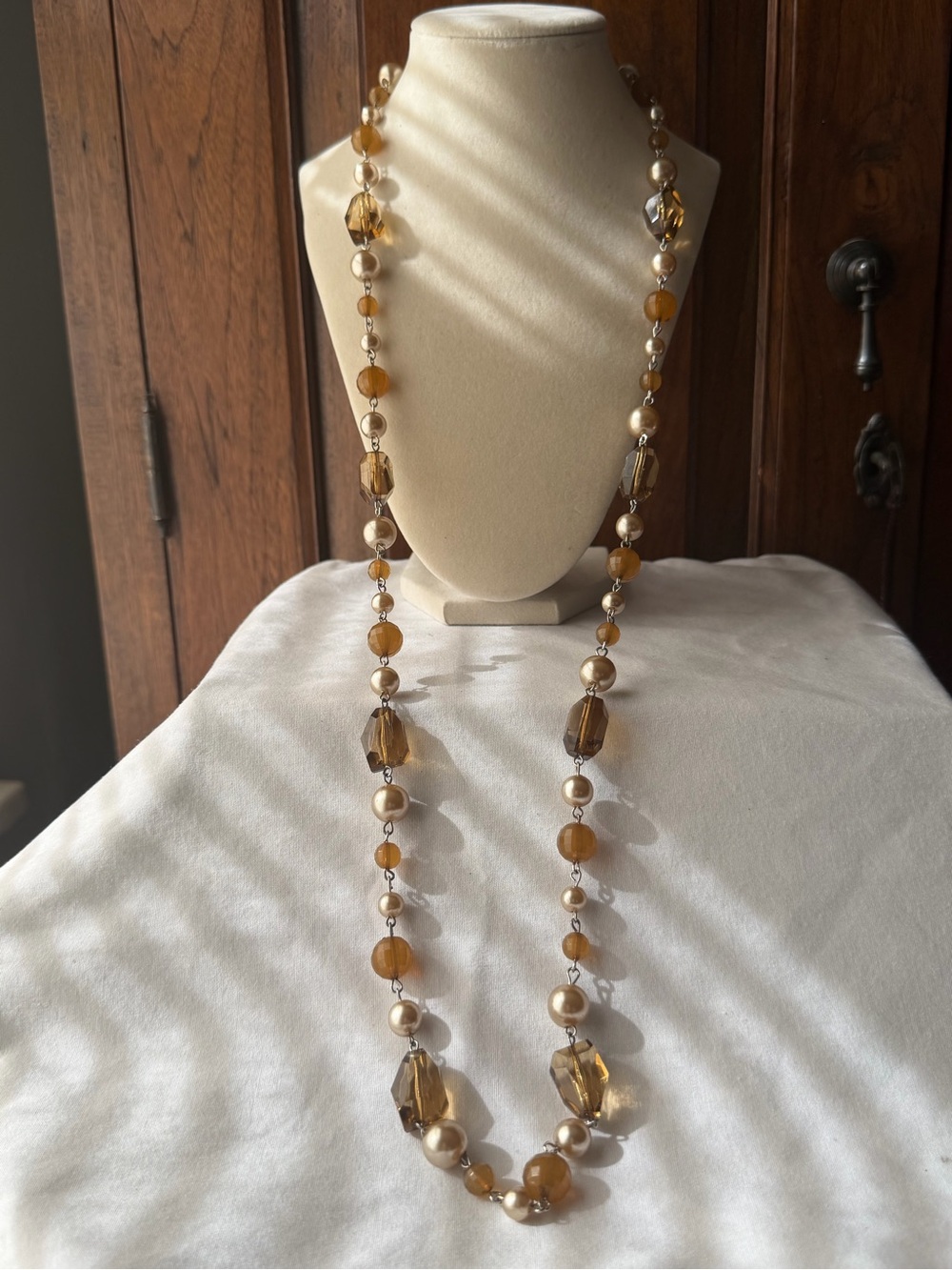 Long Amber Tone Bead Faux Pearl Necklace Champagne Gold Statement Strand